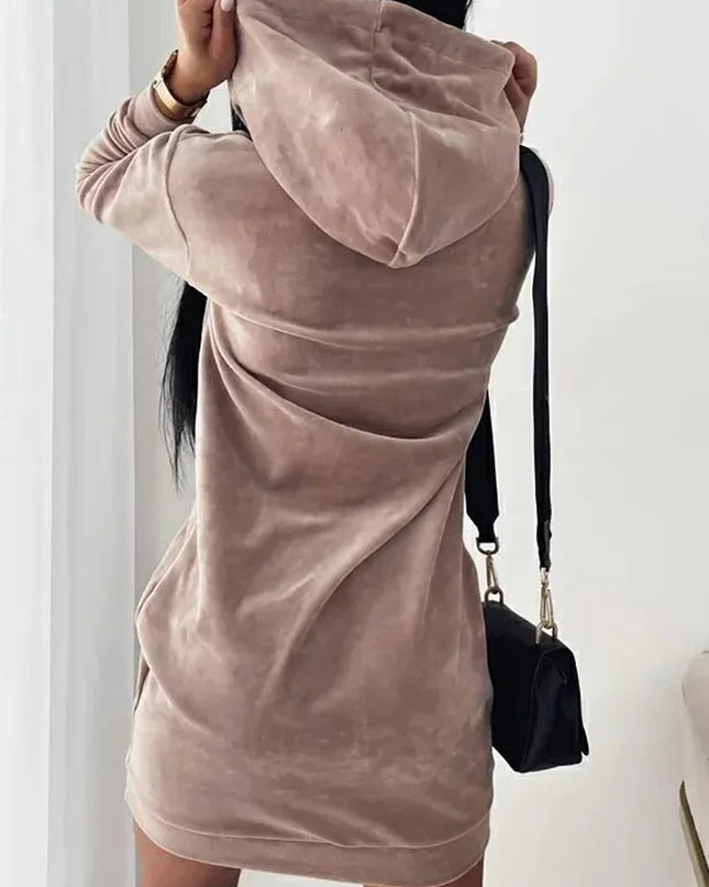 Women’s Long Sweater Dress with LOVE Print, Hooded and Loose Fit