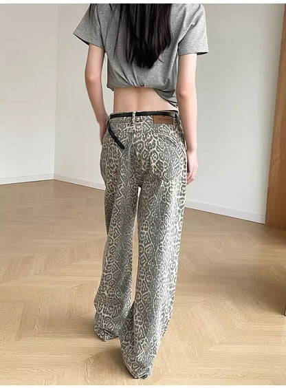 Women High Waist Leopard Printed   Wide Leg Denim Pants  Loose