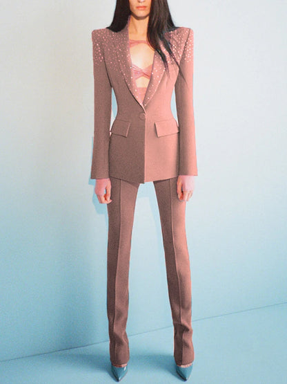 Women's Elegant Two-Piece Beaded Blazer and Pants Set with  Diamond Detailing