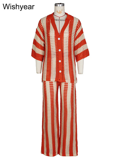 Wishyear Women's Two-Piece Striped Knit V-Neck Hollow Out Button Top & Wide Leg Pants Set