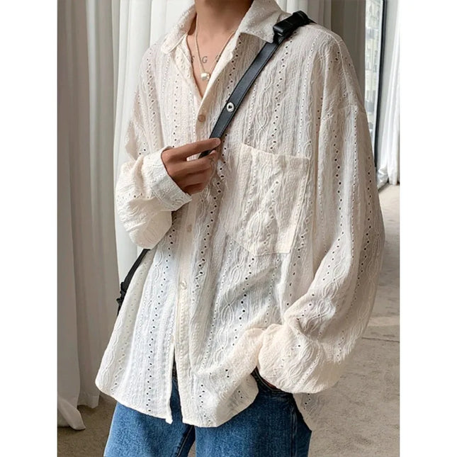 Men's Lapel Mesh Long-Sleeved Shirt