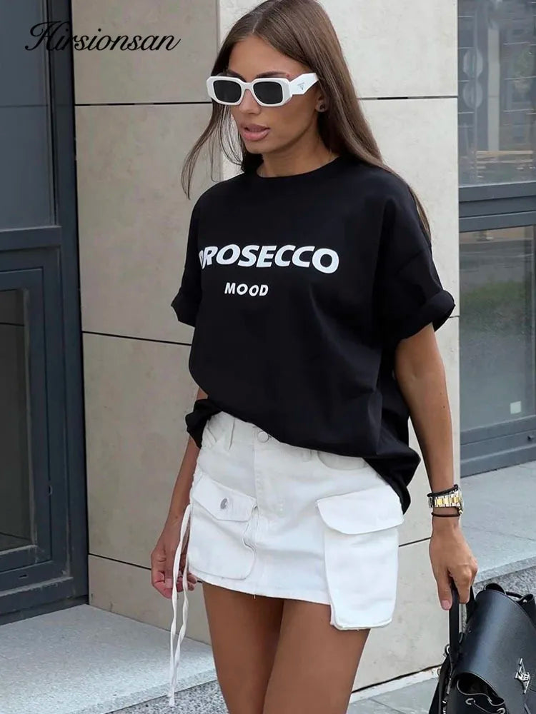 Cotton "Prosecco Mood" Print T-Shirt for Women - Casual Loose Fit Tee by Hirsionsan