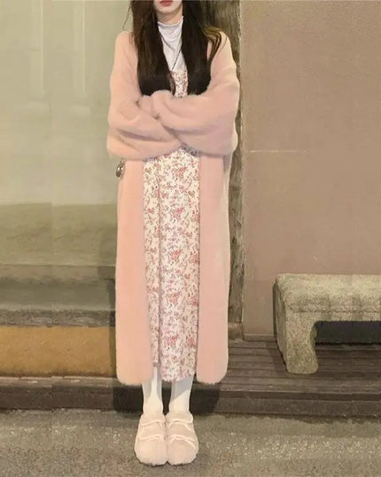Women's Long Knitted Fluffy Cardigan with Long Sleeves
