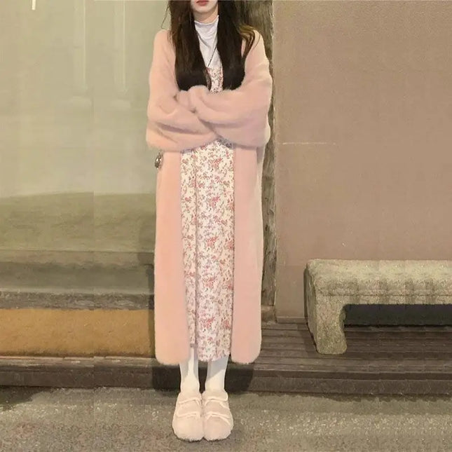Women's Long Knitted Fluffy Cardigan with Long Sleeves