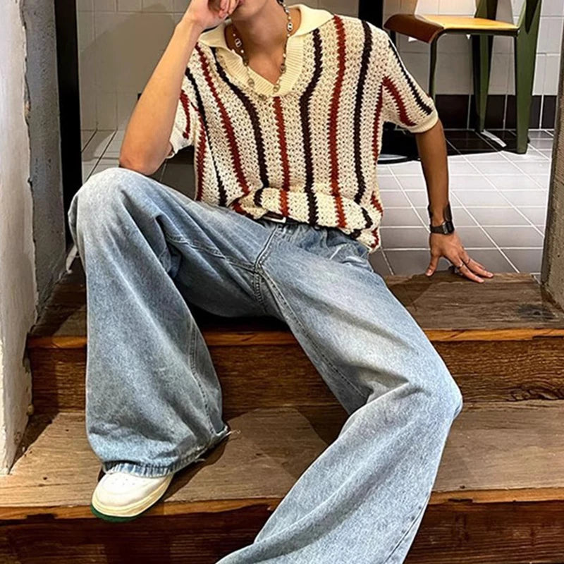 Vintage Men's Stylish Striped Hollow-Out Polo T-Shirt – Classic Men's Polo with Breathable Hollow-Out Design