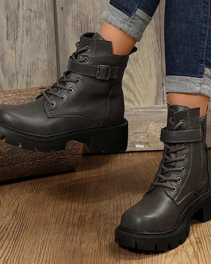 Women’s Chunky Heel Belt Buckle Boots with Lace-Up Design