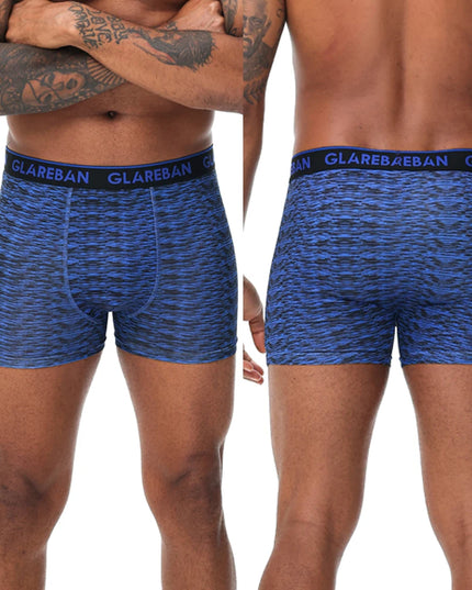 Two men wearing blue patterned boxer briefs with 'GLAREBAN' branding on a white background.