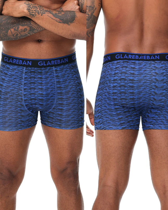 Two men wearing blue patterned boxer briefs with 'GLAREBAN' branding on a white background.