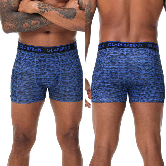 Two men wearing blue patterned boxer briefs with 'GLAREBAN' branding on a white background.