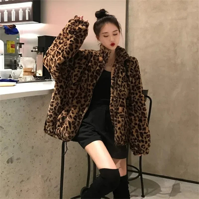 Women's Leopard Print Faux Mink Velvet Jacket - Imitation Mink Fur Coat for Women