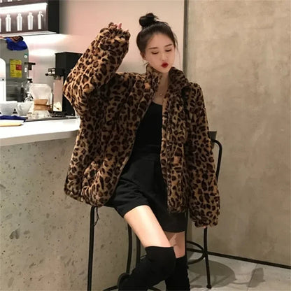 Women's Leopard Print Faux Mink Velvet Jacket - Imitation Mink Fur Coat for Women