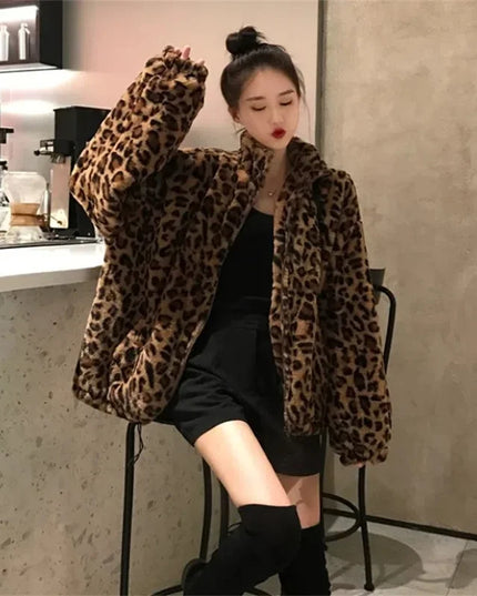 Women's Leopard Print Faux Mink Velvet Jacket - Imitation Mink Fur Coat for Women