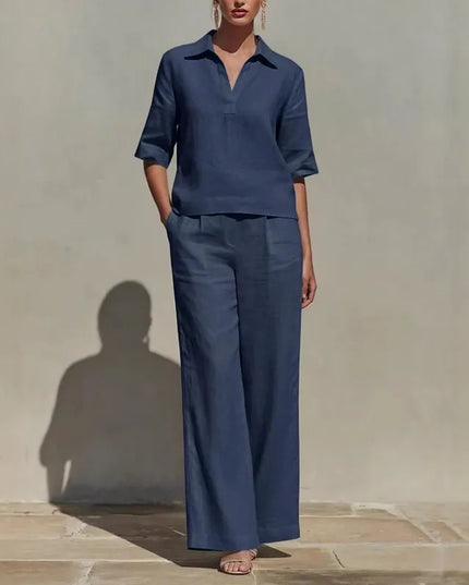 Women’s Two-Piece Set  V-Neck Short-Sleeve Sweater Top and High-Waisted Wide-Leg Pants