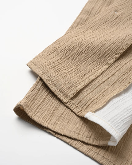 Men’s Two-Piece Set with Pleated Vertical-Stripe Lapel Shirt and Elastic-Waist Straight-Leg Pants
