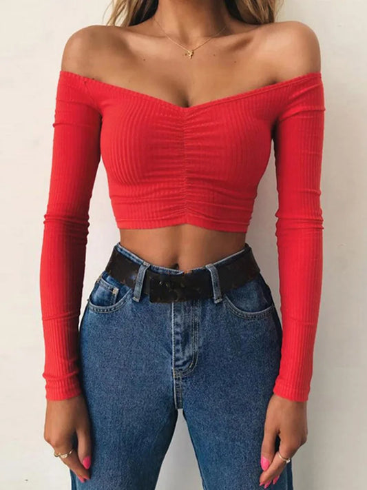 Women's Off-Shoulder Long Sleeve Cropped Top