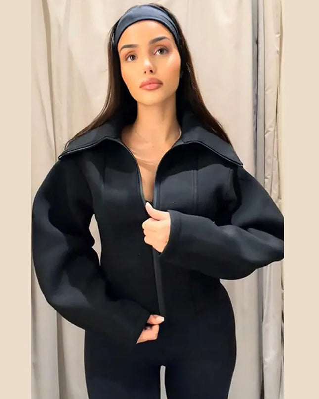 Women's Long Sleeve Zipper Jacket with Turn-Down Collar – Casual and Chic