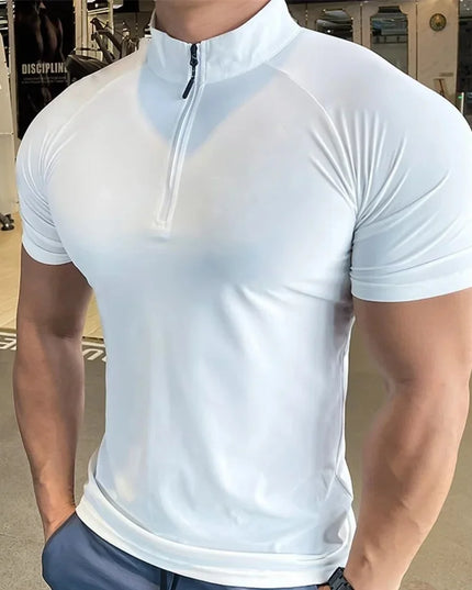 Men's Quick-Dry Elastic T-Shirt with Zippered Round Neck