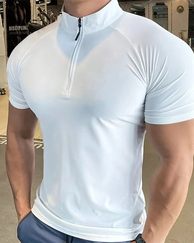Men's Quick-Dry Elastic T-Shirt with Zippered Round Neck