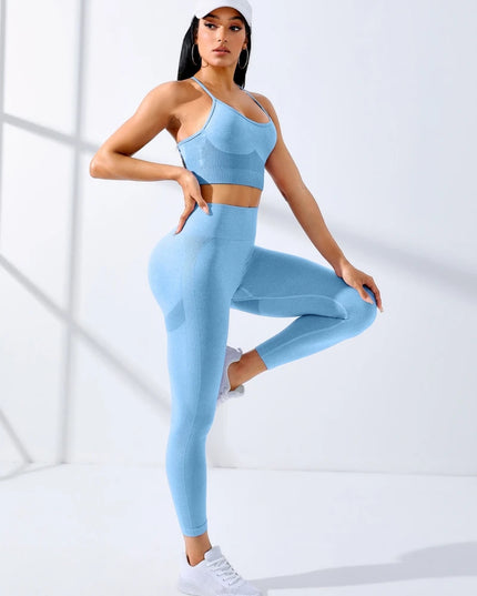 Women's Seamless Two-Piece Sports Bra and Leggings Set with Thin Shoulder Straps