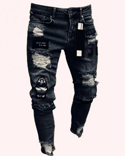 Men's Skinny Slim Fit Ripped Denim Jeans with Stretch, Hole & Patchwork Design