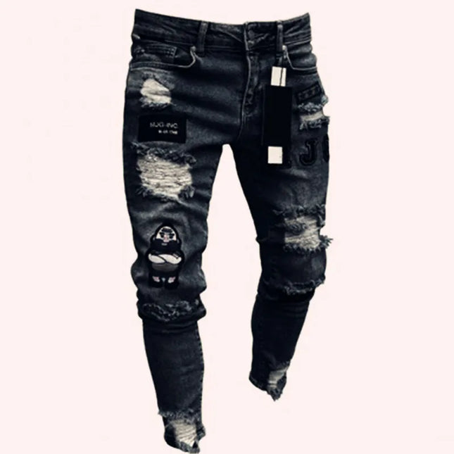 Men's Skinny Slim Fit Ripped Denim Jeans with Stretch, Hole & Patchwork Design