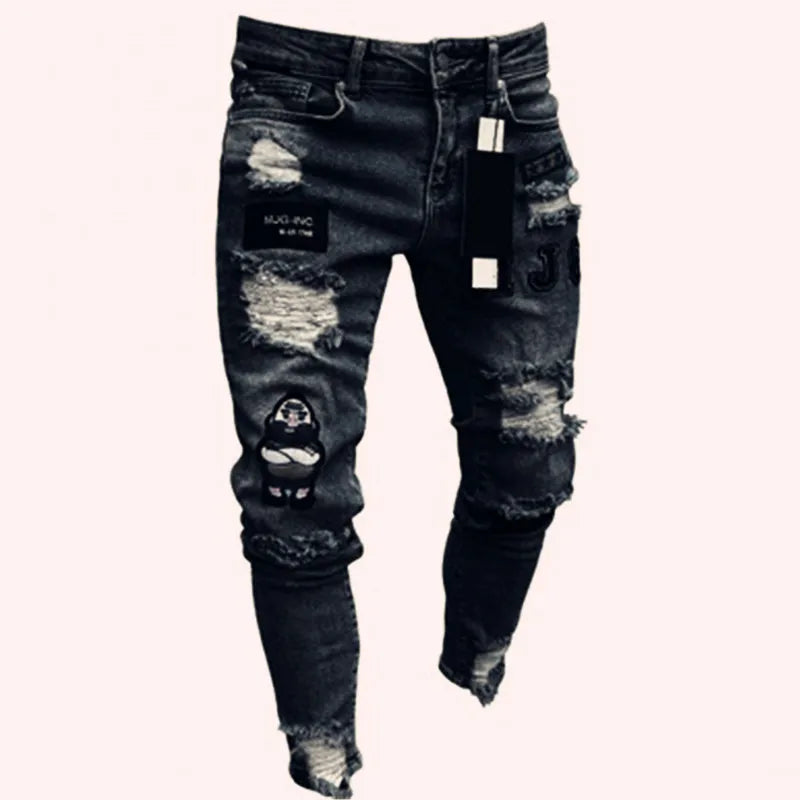 Men's Skinny Slim Fit Ripped Denim Jeans with Stretch, Hole & Patchwork Design