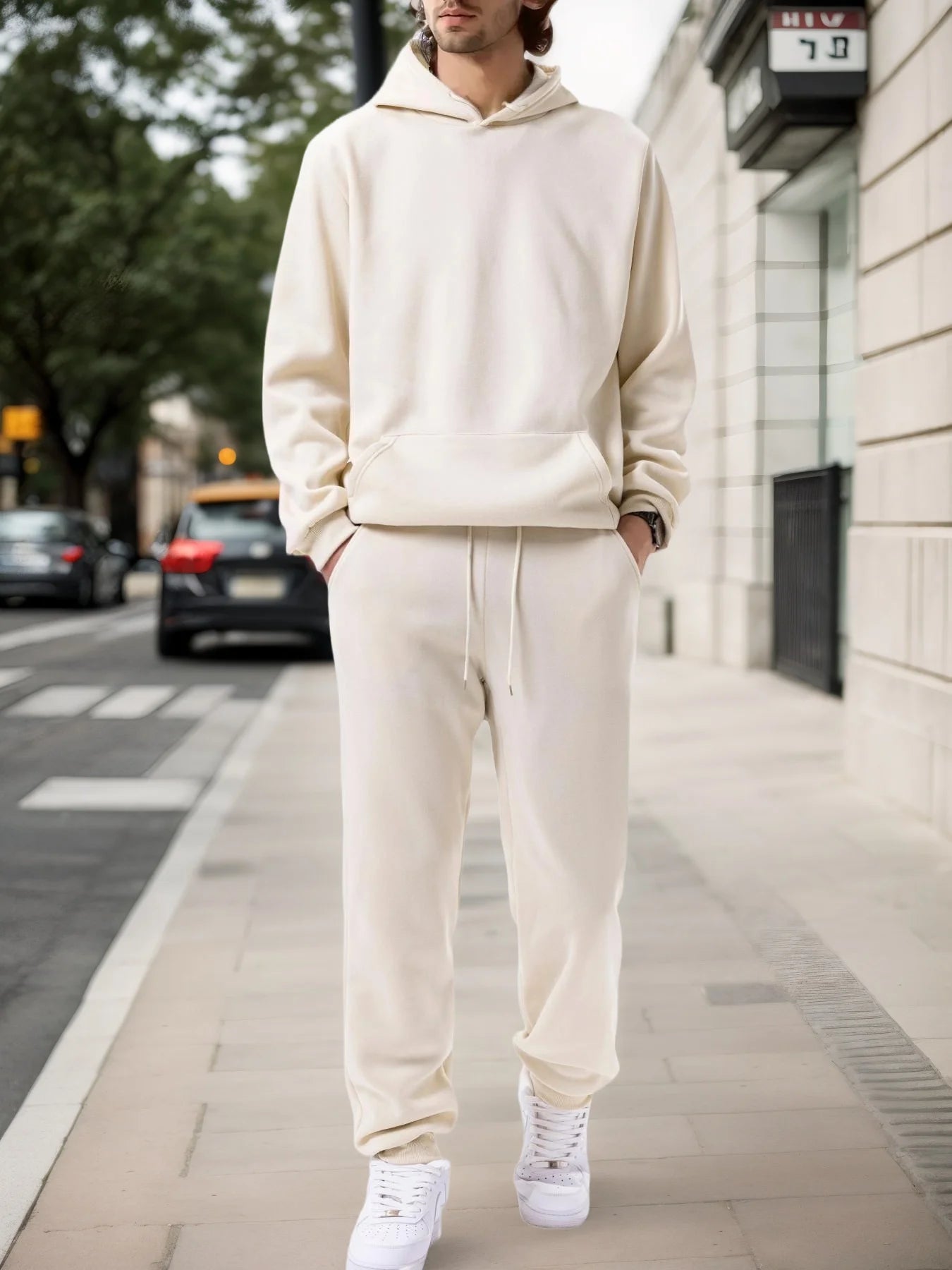 Person wearing a beige tracksuit on a city street