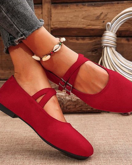 Double Buckle Women’s Square Toe Mary Jane Flats in Faux Suede