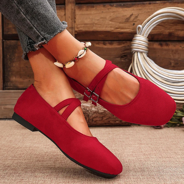 Double Buckle Women’s Square Toe Mary Jane Flats in Faux Suede