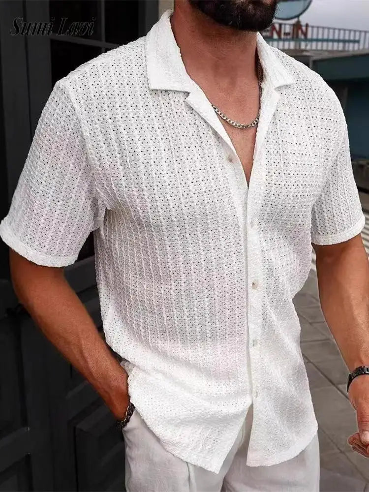 Vintage Mesh Mens Casual Breathable Hollow-Out Shirt