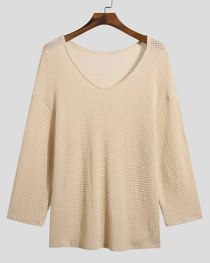 Men's Knit V-Neck Long Sleeve Hollow Out Loose Fit Sweater