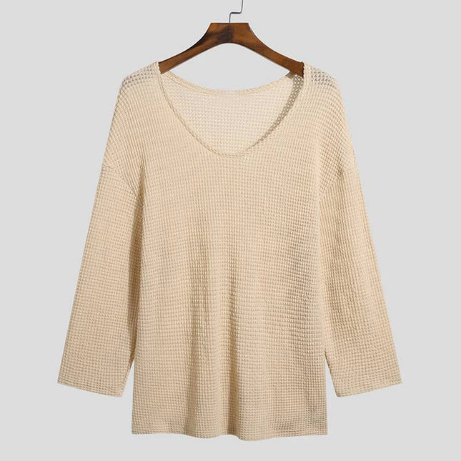 Men's Knit V-Neck Long Sleeve Hollow Out Loose Fit Sweater