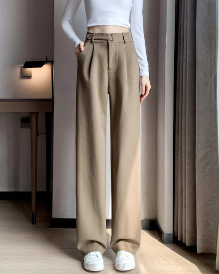 Seoulish Women's High-Waist Wide-Leg Trousers with Loose Fit and Button Detail