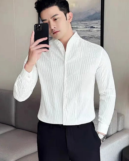 Men’s Slim-Fit Long-Sleeve Shirt with Stand Collar, Textured Fabric, and Embroidery