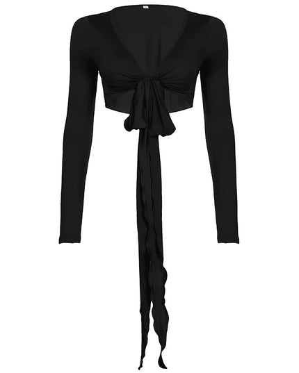 Slim Lace-Up V-Neck Crop Top with Long Sleeves