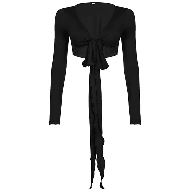 Slim Lace-Up V-Neck Crop Top with Long Sleeves