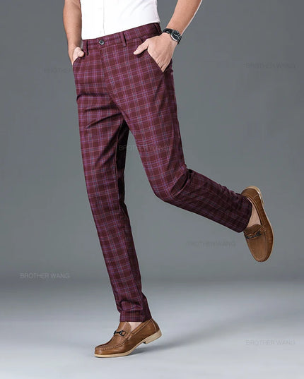 Slim Fit Cotton Plaid Stretch Trousers for Men