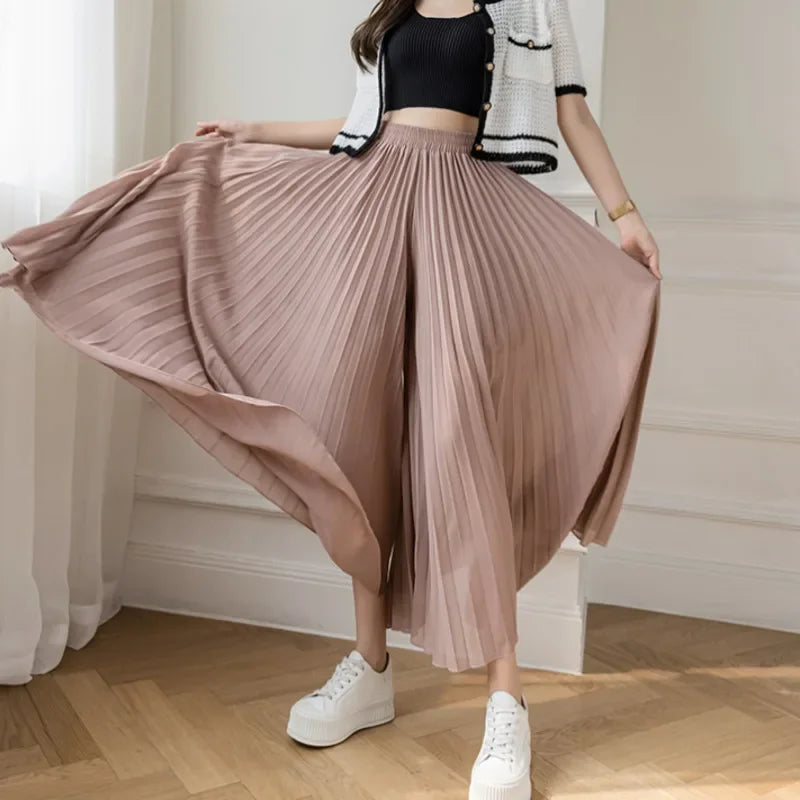 Elegant Women’s Chiffon High-Waist Wide-Leg Pants - Pleated & Loose Fit