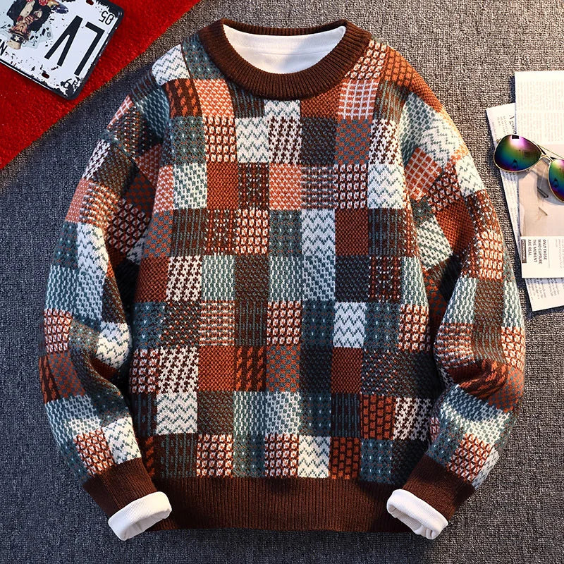 Men's Plaid Pullover Sweater - Casual Loose Fit Knitted Sweater for Men