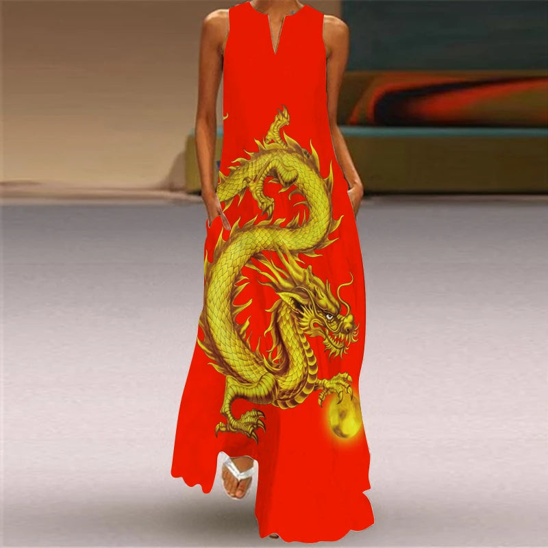 Women's Vintage Boho Printed Sleeveless V-Neck Maxi Dress