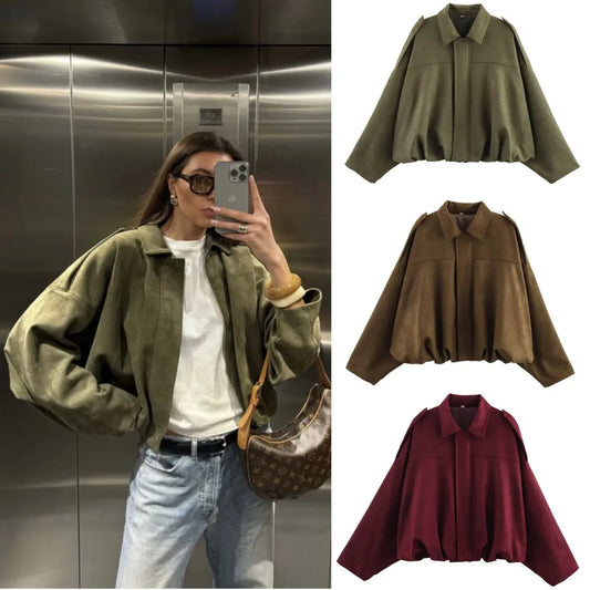 Person wearing a green jacket with an elevator background and three different colored jackets displayed on the right.