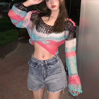 Women's Hollow-Out Knit Cropped Sweater with Backless Design