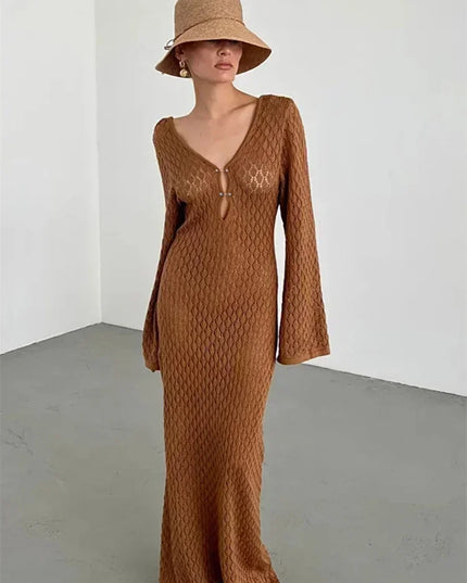 Women's Knitted Crochet Maxi Cover Up Dress - Hollow Long Sleeve & Backless