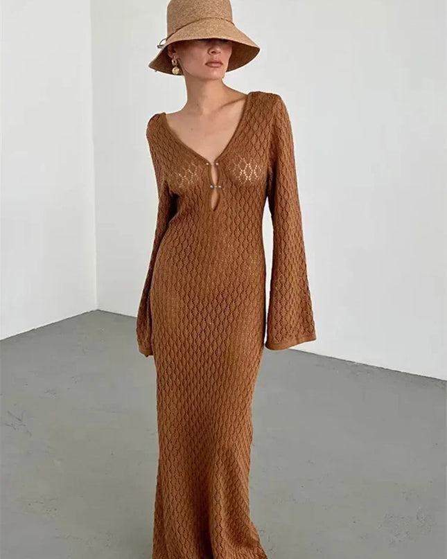 Women's Knitted Crochet Maxi Cover Up Dress - Hollow Long Sleeve & Backless