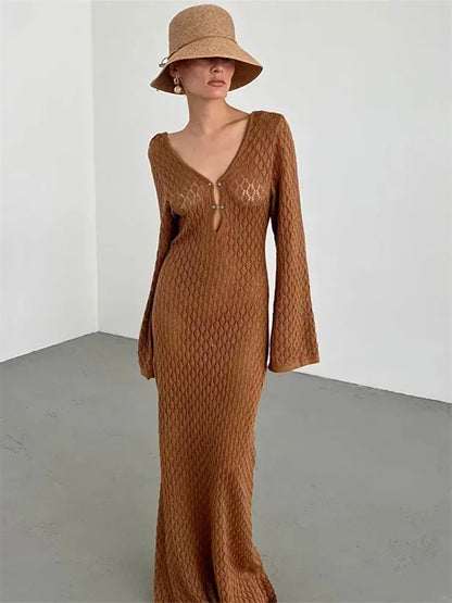 Women's Knitted Crochet Maxi Cover Up Dress - Hollow Long Sleeve & Backless