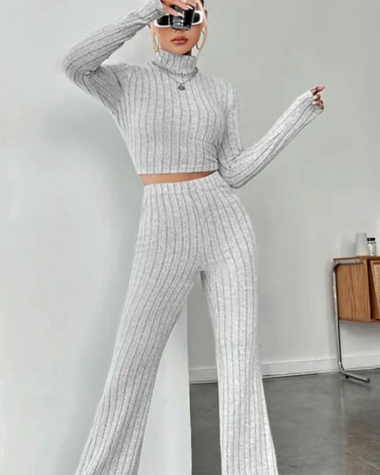 Women's Stand Collar Crop Sweater and Flared Pants 2-Piece Set