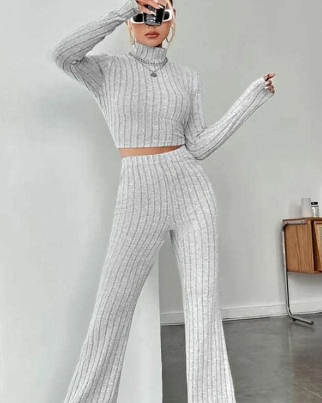Women's Stand Collar Crop Sweater and Flared Pants 2-Piece Set