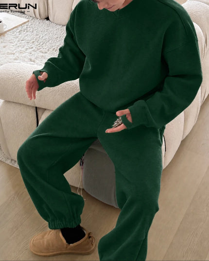INCERUN Men’s Loose-Fit Two-Piece Set with V-Neck Long-Sleeve Top and Pants
