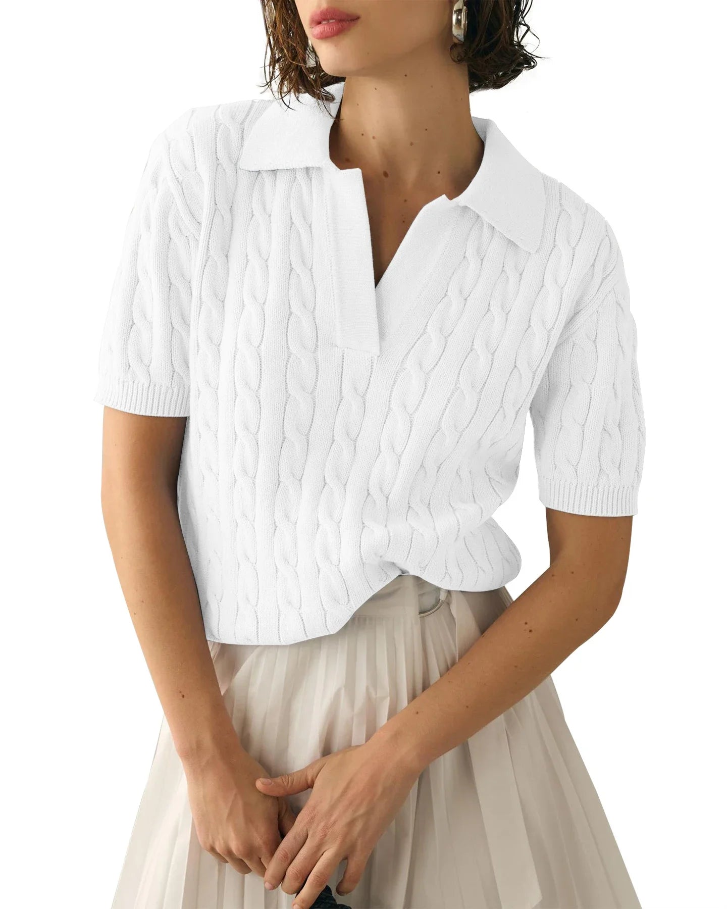 Womens Short Sleeve Knitted T-Shirt with Soft Lapel  -
