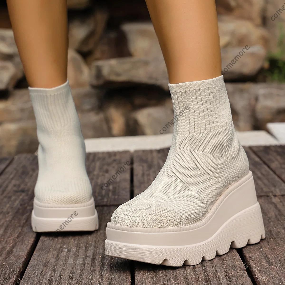Women's Wedge High Heels - Breathable Weaving Elastic Short Boots with Thick Sole